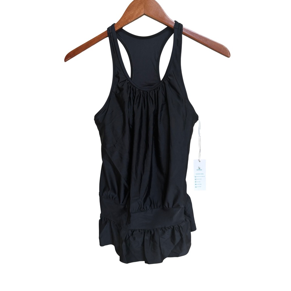 NWT Beachsissi Black Ruffle Hem Tankini Top Racerback Swim Small